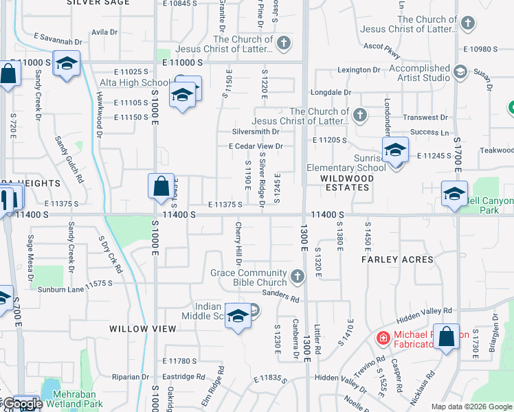 map of restaurants, bars, coffee shops, grocery stores, and more near 11364 South Silver Ridge Drive in Sandy