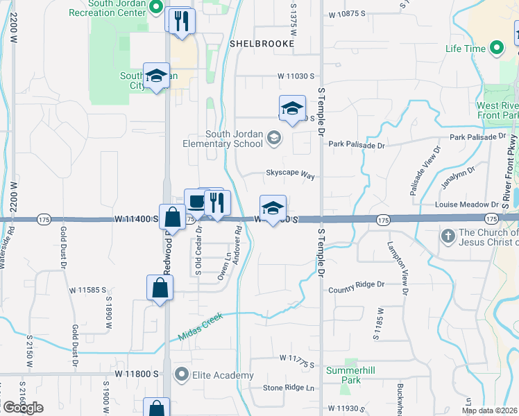 map of restaurants, bars, coffee shops, grocery stores, and more near 11333 Green Grass Court in South Jordan