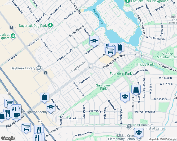 map of restaurants, bars, coffee shops, grocery stores, and more near 4843 West Daybreak Parkway in South Jordan