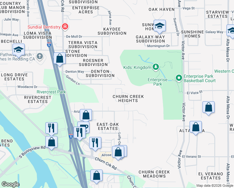 map of restaurants, bars, coffee shops, grocery stores, and more near 4350 Paulson Lane in Redding