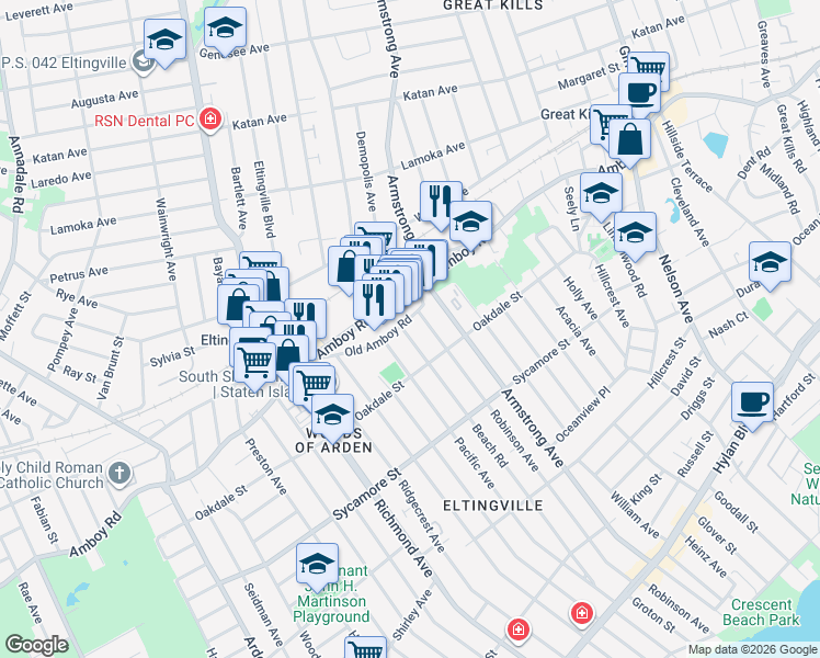 map of restaurants, bars, coffee shops, grocery stores, and more near 4346 Amboy Road in Staten Island