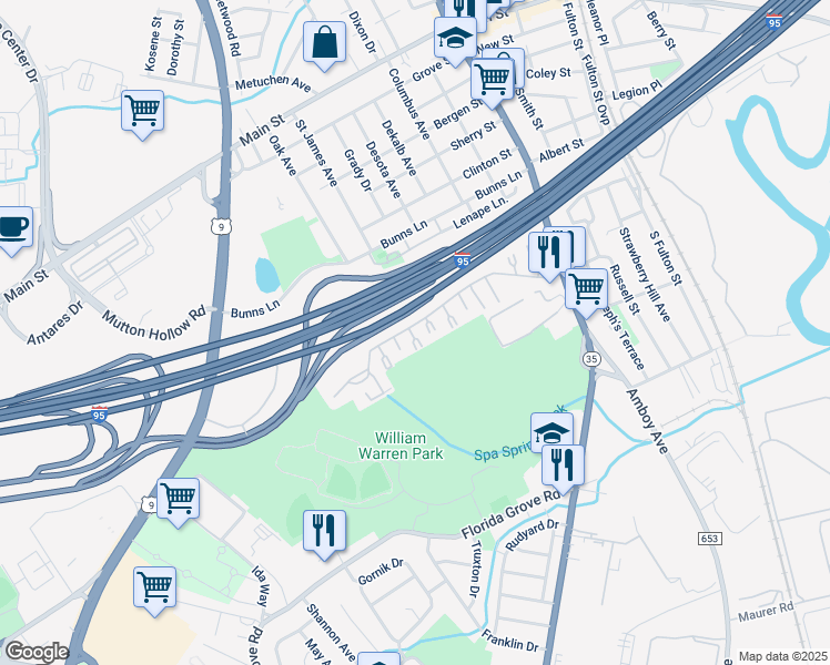 map of restaurants, bars, coffee shops, grocery stores, and more near 423 Cricket Lane in Woodbridge Township