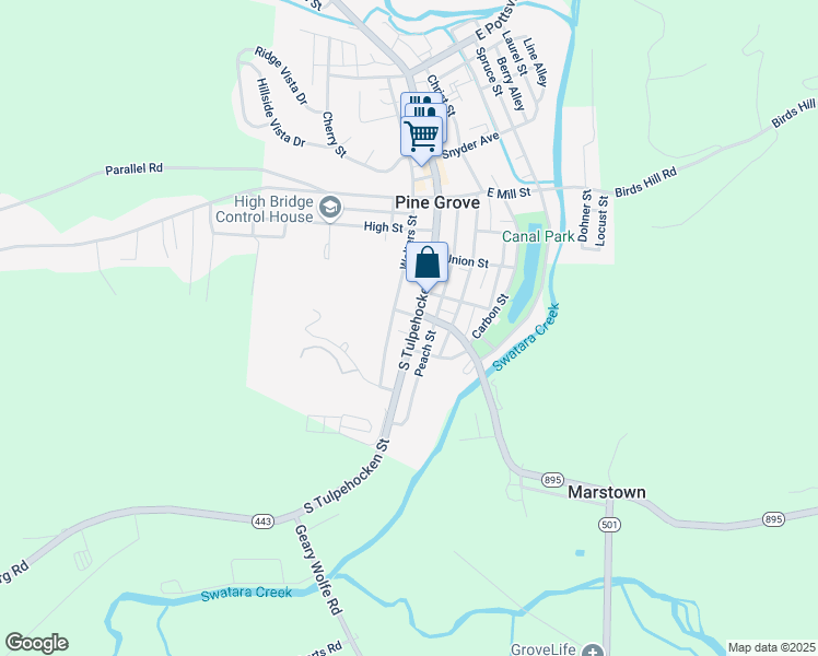 map of restaurants, bars, coffee shops, grocery stores, and more near 258 South Tulpehocken Street in Pine Grove