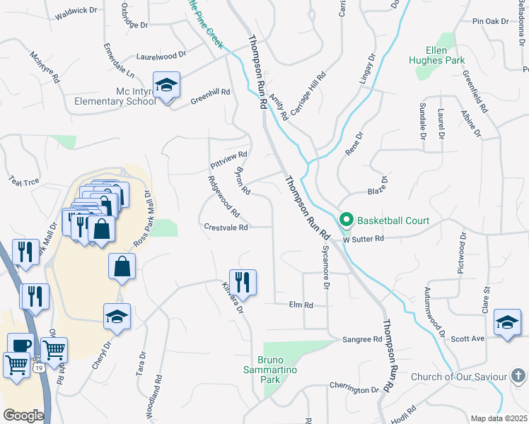 map of restaurants, bars, coffee shops, grocery stores, and more near 135 Byron Road in Pittsburgh