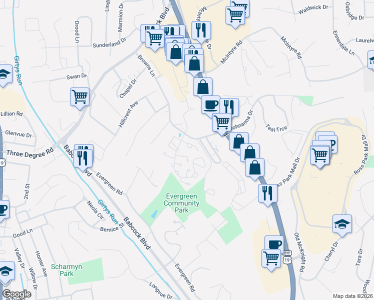 map of restaurants, bars, coffee shops, grocery stores, and more near 72 Pin Oak Court in Pittsburgh