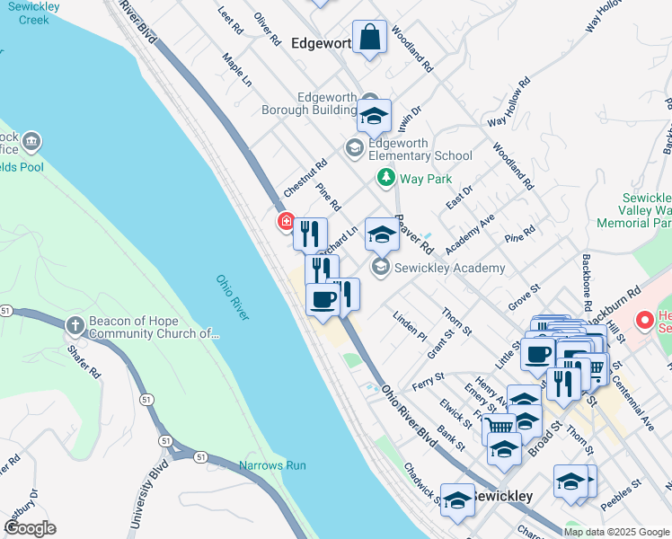 map of restaurants, bars, coffee shops, grocery stores, and more near 202 Orchard Lane in Edgeworth