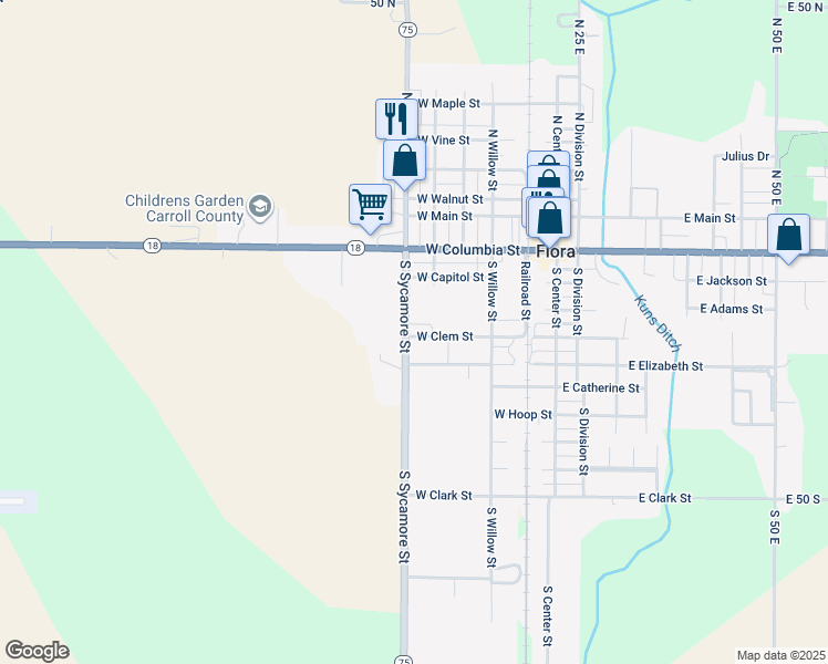 map of restaurants, bars, coffee shops, grocery stores, and more near 415 West Clem Street in Flora