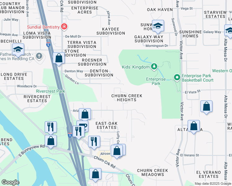 map of restaurants, bars, coffee shops, grocery stores, and more near 4350 Paulson Lane in Redding