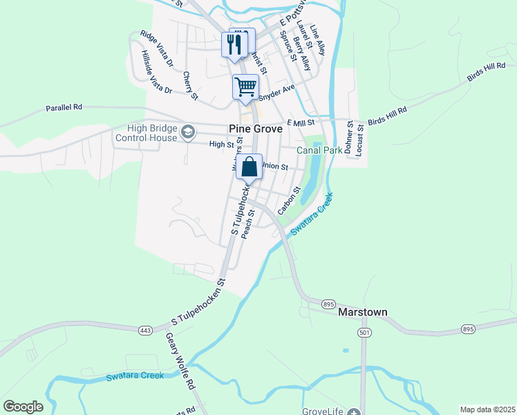map of restaurants, bars, coffee shops, grocery stores, and more near 14 East Wood Street in Pine Grove