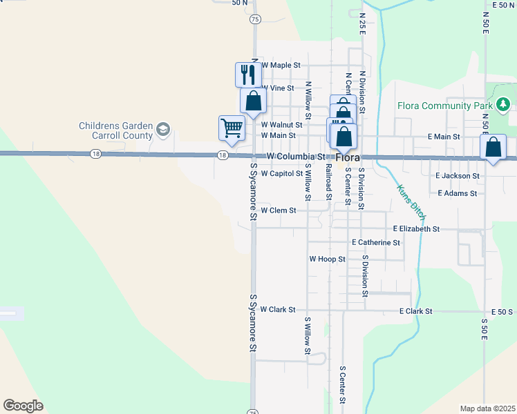 map of restaurants, bars, coffee shops, grocery stores, and more near 415 West Clem Street in Flora