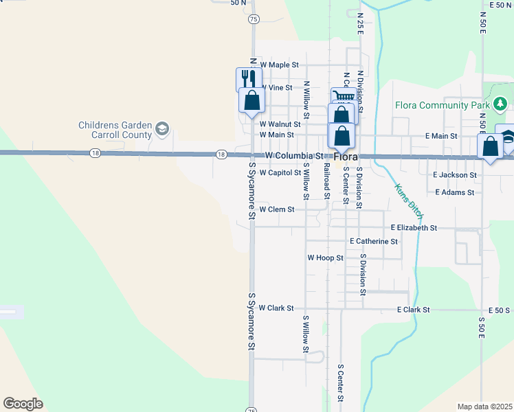 map of restaurants, bars, coffee shops, grocery stores, and more near 415 West Clem Street in Flora