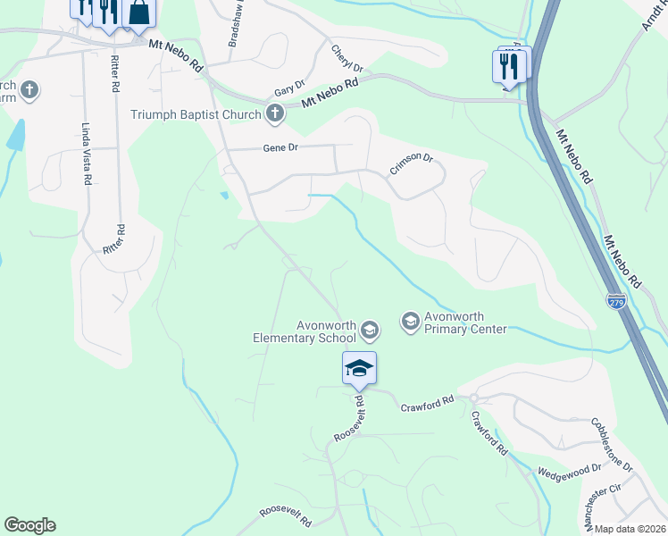 map of restaurants, bars, coffee shops, grocery stores, and more near 1430 Roosevelt Road in Pittsburgh