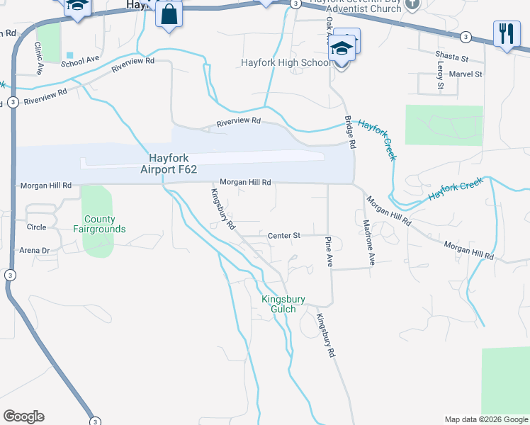 map of restaurants, bars, coffee shops, grocery stores, and more near 840 Morgan Hill Road in Hayfork