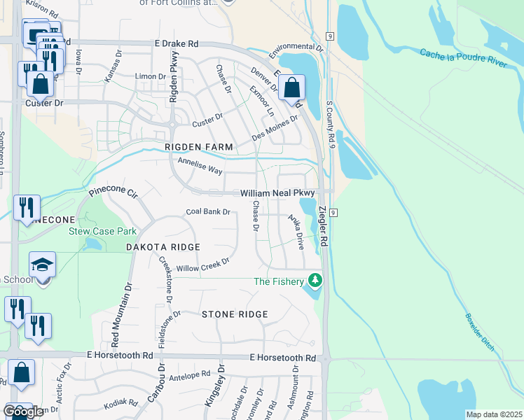 map of restaurants, bars, coffee shops, grocery stores, and more near 2902 Slade Street in Fort Collins