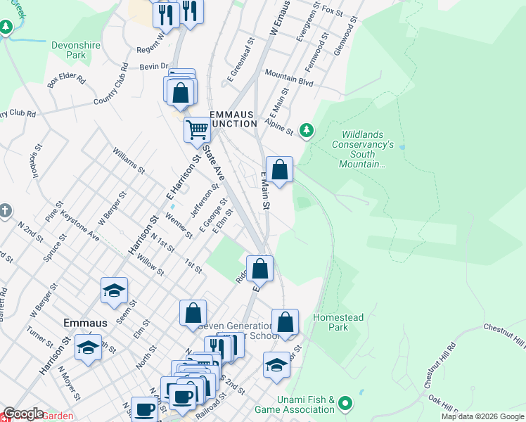 map of restaurants, bars, coffee shops, grocery stores, and more near 155 East Main Street in Emmaus