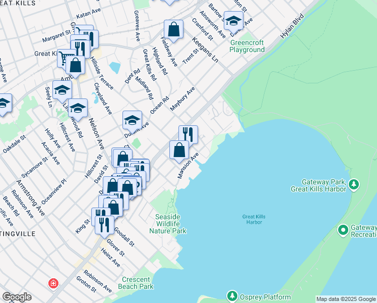 map of restaurants, bars, coffee shops, grocery stores, and more near 305 Hillside Terrace in Staten Island