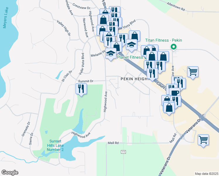 map of restaurants, bars, coffee shops, grocery stores, and more near 1800 Vienna Court in Pekin
