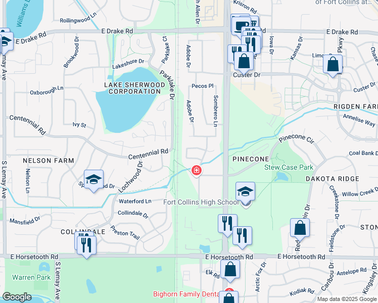 map of restaurants, bars, coffee shops, grocery stores, and more near 1924 Connecticut Drive in Fort Collins