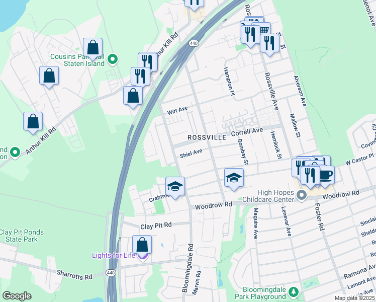 map of restaurants, bars, coffee shops, grocery stores, and more near 764 Correll Avenue in Staten Island