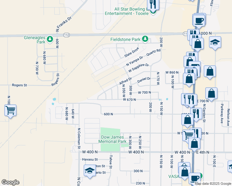 map of restaurants, bars, coffee shops, grocery stores, and more near 712 North 410 West in Tooele