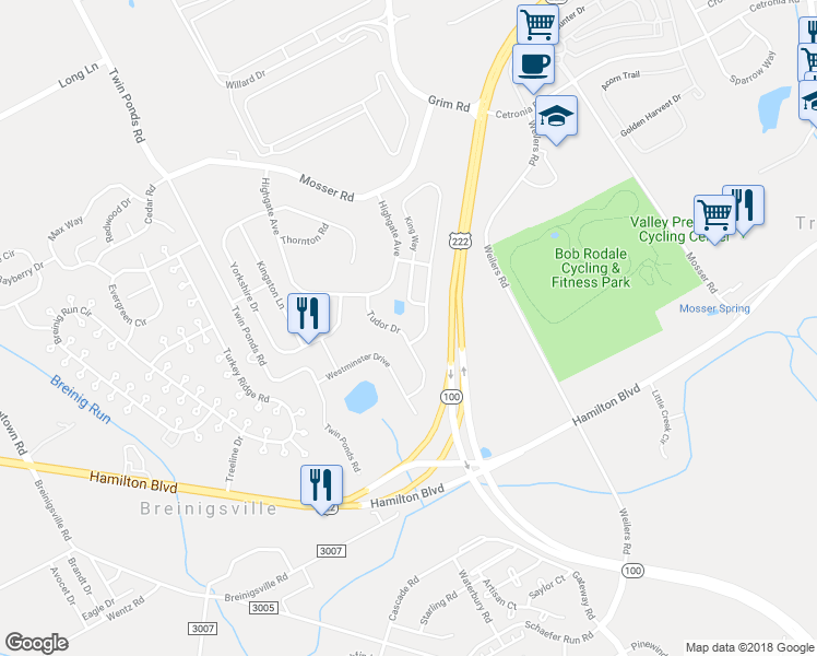 map of restaurants, bars, coffee shops, grocery stores, and more near 1121 Tudor Drive in Breinigsville