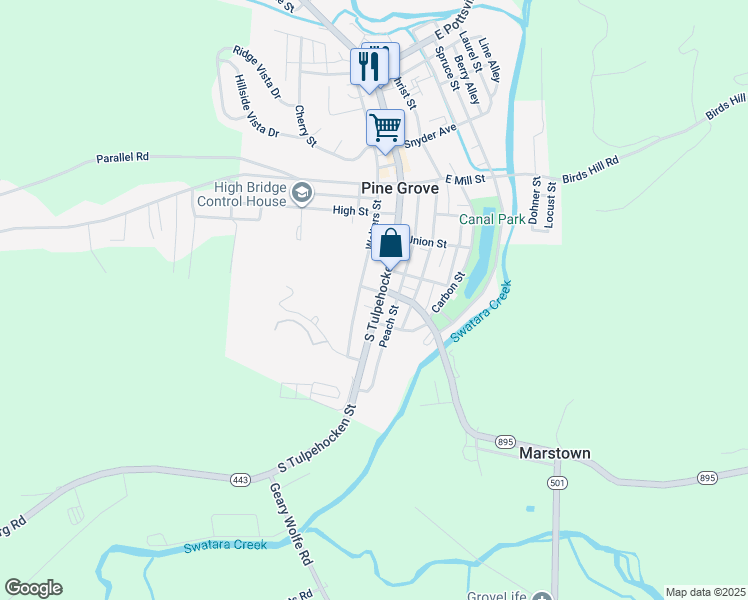 map of restaurants, bars, coffee shops, grocery stores, and more near 254 South Tulpehocken Street in Pine Grove
