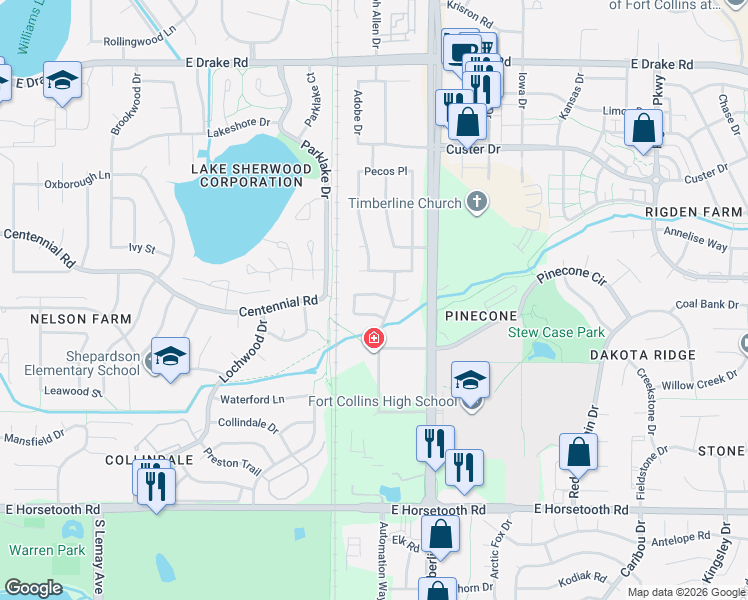 map of restaurants, bars, coffee shops, grocery stores, and more near 1924 Connecticut Drive in Fort Collins