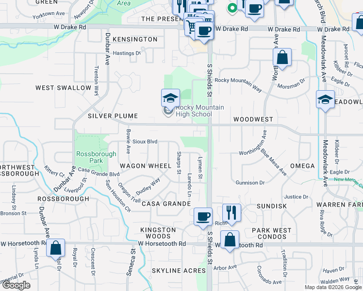 map of restaurants, bars, coffee shops, grocery stores, and more near 3100 Sharps Street in Fort Collins