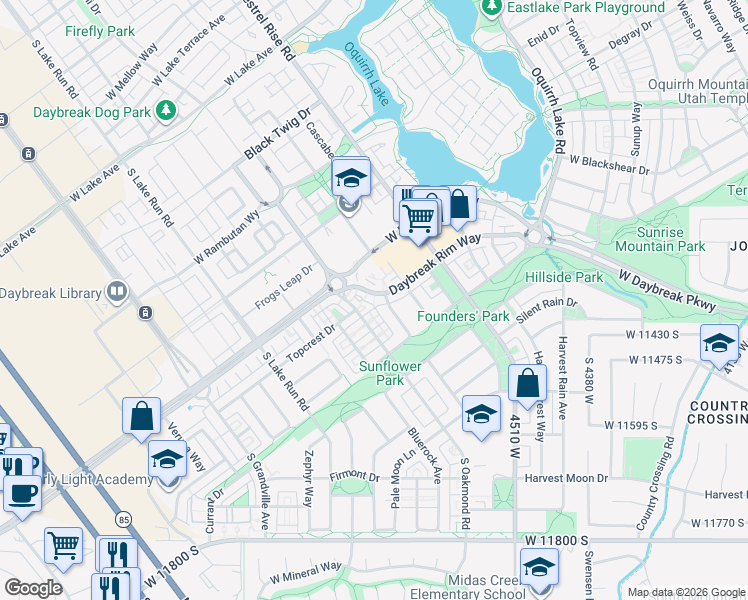 map of restaurants, bars, coffee shops, grocery stores, and more near 4781 Daybreak Rim Way in South Jordan