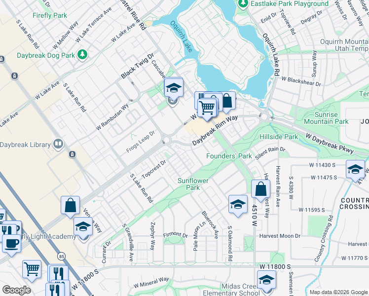 map of restaurants, bars, coffee shops, grocery stores, and more near 4781 Daybreak Rim Way in South Jordan