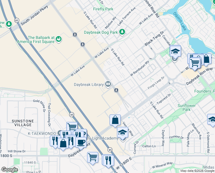 map of restaurants, bars, coffee shops, grocery stores, and more near 5000 Myers Lane in South Jordan