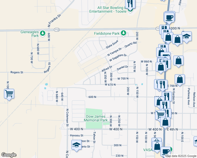 map of restaurants, bars, coffee shops, grocery stores, and more near 712 North 410 West in Tooele