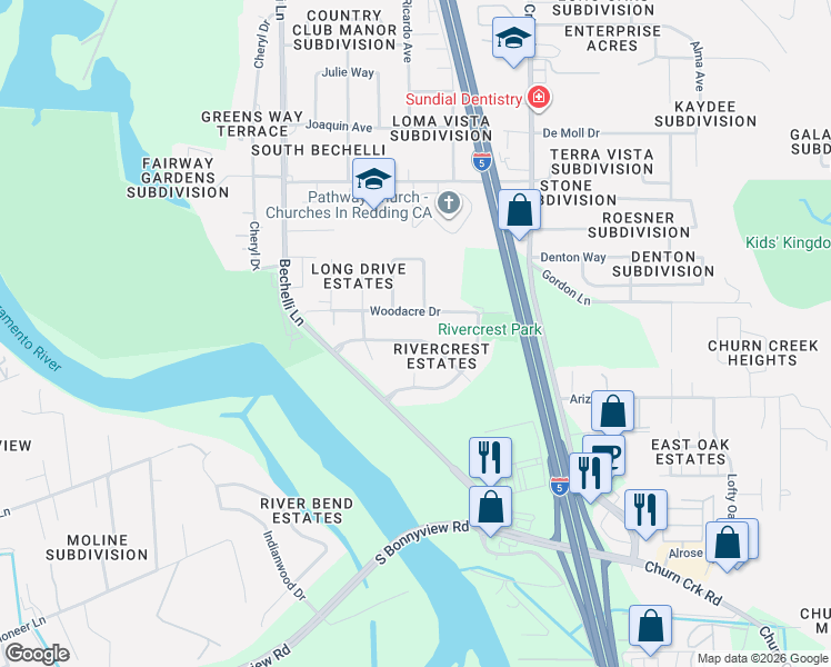map of restaurants, bars, coffee shops, grocery stores, and more near 642 Rivercrest Parkway in Redding