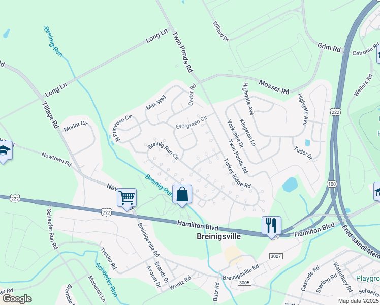 map of restaurants, bars, coffee shops, grocery stores, and more near 8720 Evergreen Circle in Breinigsville