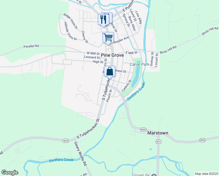 map of restaurants, bars, coffee shops, grocery stores, and more near 11 East Wood Street in Pine Grove