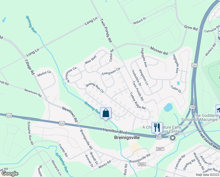 map of restaurants, bars, coffee shops, grocery stores, and more near 8887 Breinig Run Circle in Breinigsville
