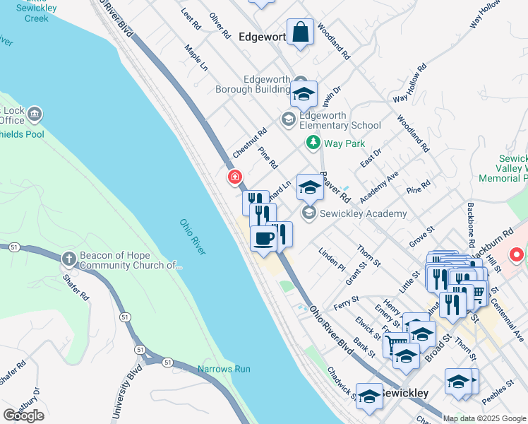 map of restaurants, bars, coffee shops, grocery stores, and more near 202 Orchard Lane in Sewickley