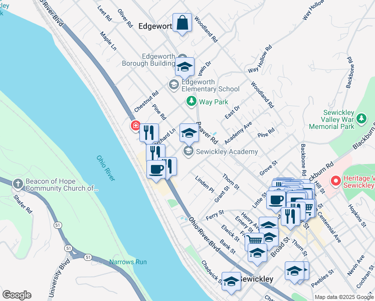 map of restaurants, bars, coffee shops, grocery stores, and more near 315 Academy Avenue in Edgeworth