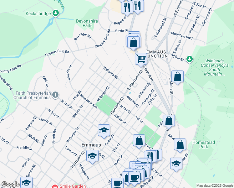 map of restaurants, bars, coffee shops, grocery stores, and more near 16 West Greenleaf Street in Emmaus