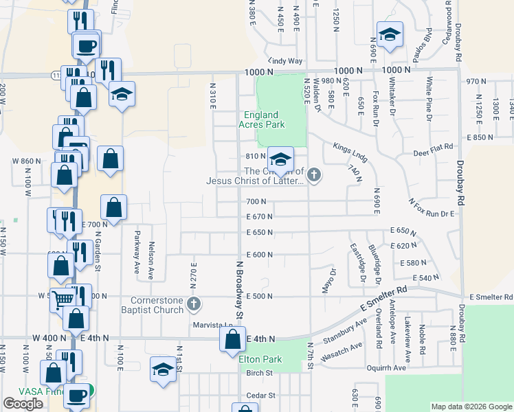 map of restaurants, bars, coffee shops, grocery stores, and more near 396 East 700 North in Tooele