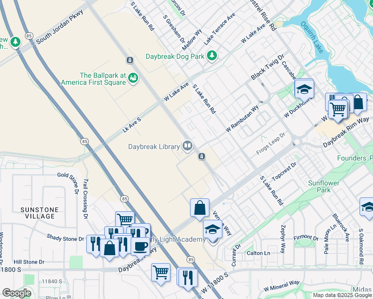 map of restaurants, bars, coffee shops, grocery stores, and more near 11358 Grandville Avenue in South Jordan