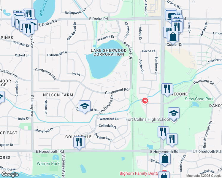 map of restaurants, bars, coffee shops, grocery stores, and more near 1701 Brentford Lane in Fort Collins