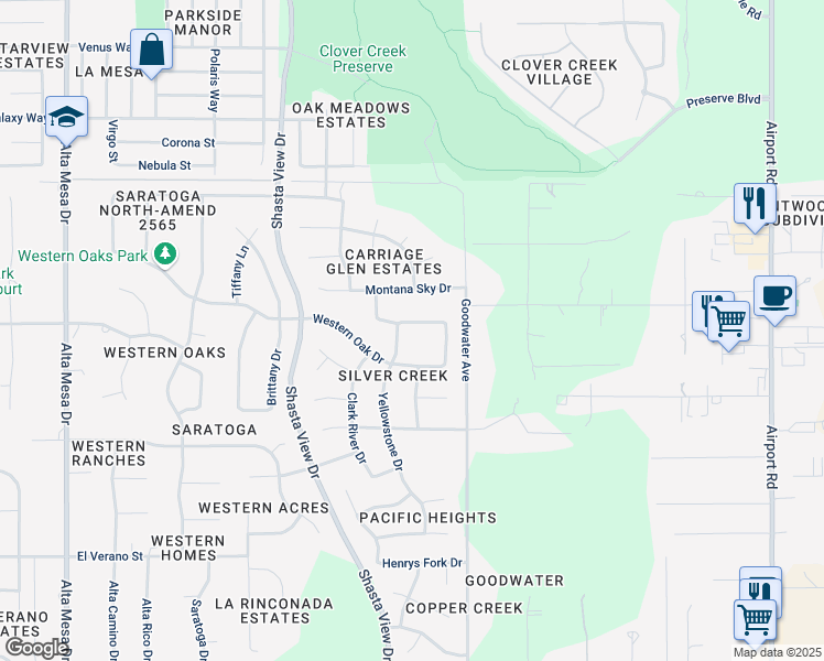 map of restaurants, bars, coffee shops, grocery stores, and more near 4302 Yellowstone Drive in Redding