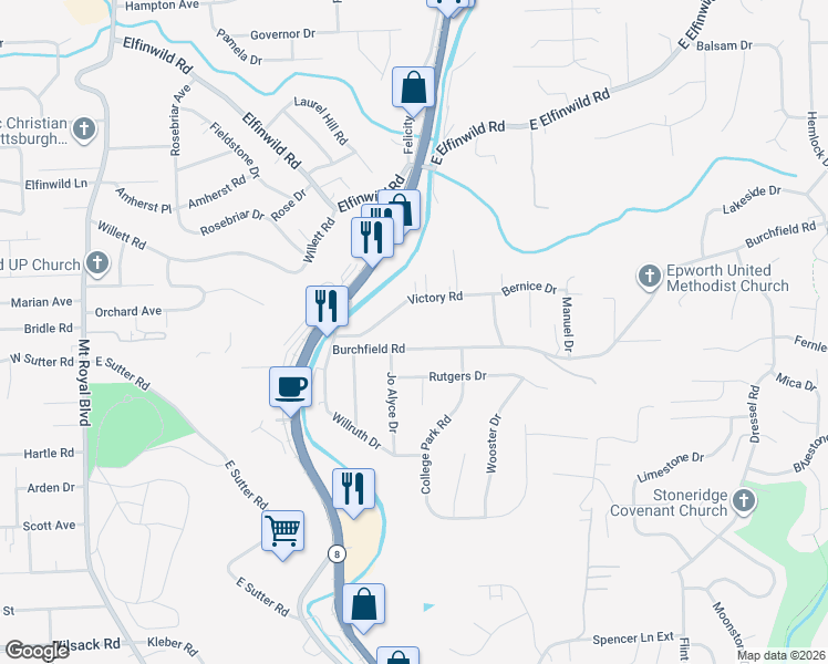 map of restaurants, bars, coffee shops, grocery stores, and more near 803 Burchfield Road in Allegheny County