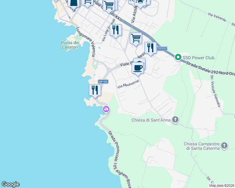 map of restaurants, bars, coffee shops, grocery stores, and more near 15 Via Carbia in Alghero