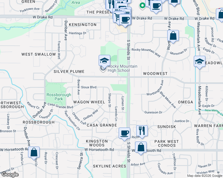 map of restaurants, bars, coffee shops, grocery stores, and more near 3100 Sharps Street in Fort Collins
