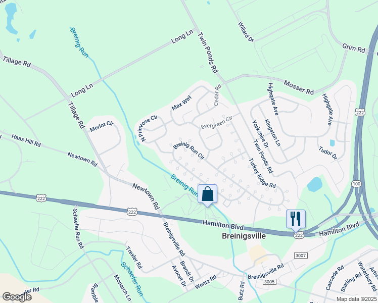 map of restaurants, bars, coffee shops, grocery stores, and more near 8848 Breinig Run Circle in Breinigsville