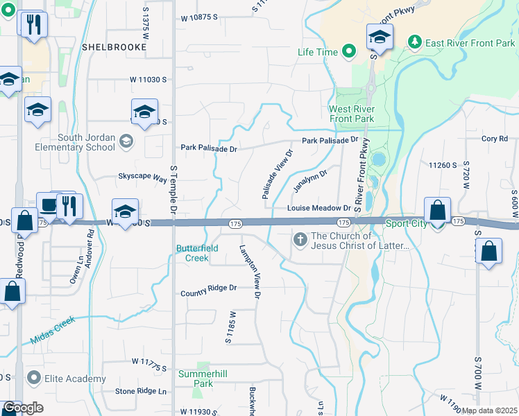 map of restaurants, bars, coffee shops, grocery stores, and more near 11362 Palisade View Drive in South Jordan