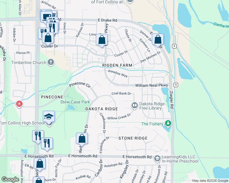 map of restaurants, bars, coffee shops, grocery stores, and more near 2712 Coal Bank Drive in Fort Collins