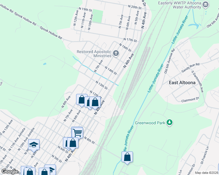 map of restaurants, bars, coffee shops, grocery stores, and more near 420 North 13th Street in Altoona